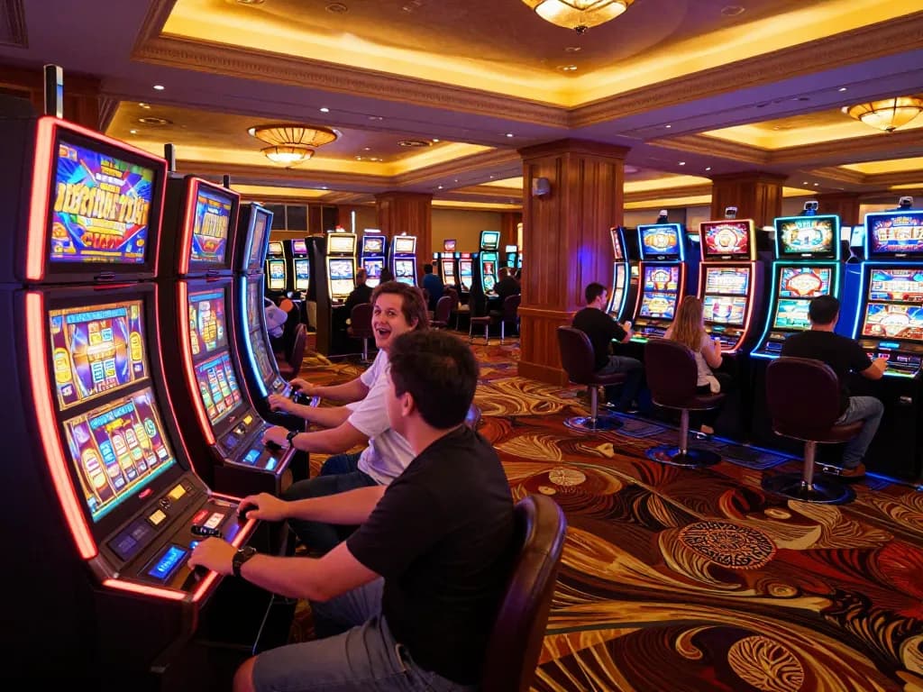 Excited players enjoying judi slot at colorful casino machines with dynamic atmosphere