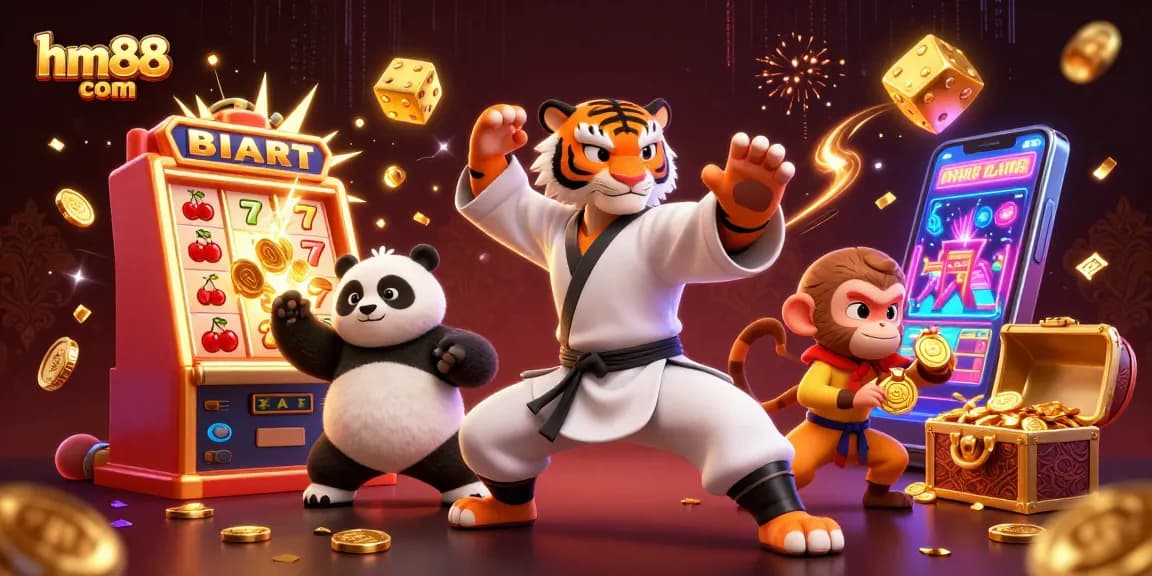 Join the excitement of hm88 com with a lively 3D illustration showcasing slot machines and dynamic gaming elements.
