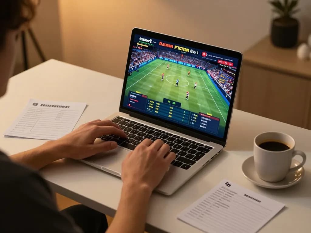Engaging in sports betting on 92slot with a modern laptop setup, creating an inviting atmosphere.