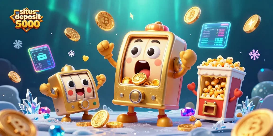 Win big at situs deposit 5000 with this lively cartoon scene featuring a golden slot machine.