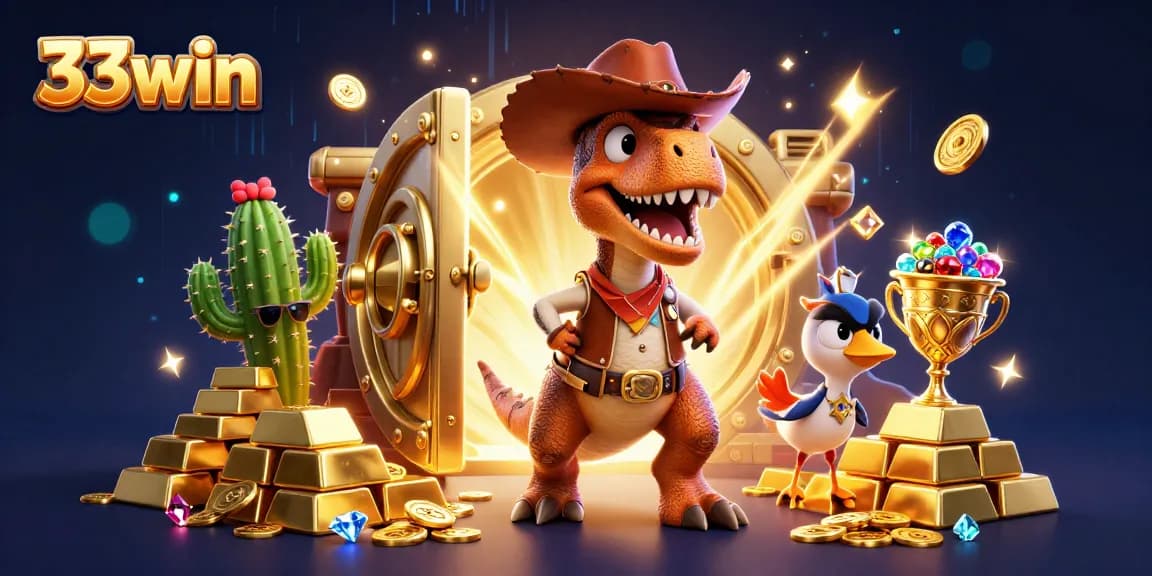 Experience thrilling wins at 33win with a vibrant casino-themed illustration showcasing dynamic characters and treasures.