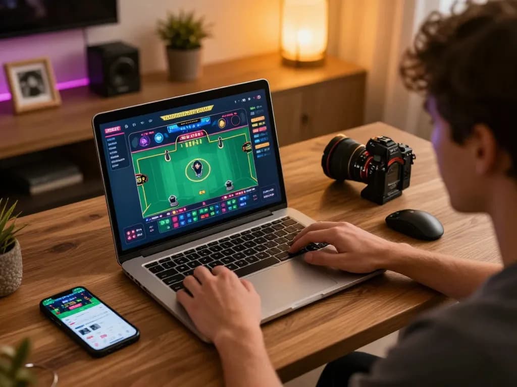 Engaged player exploring nhà cái fly88 on laptop while strategizing with smartphone and notes.