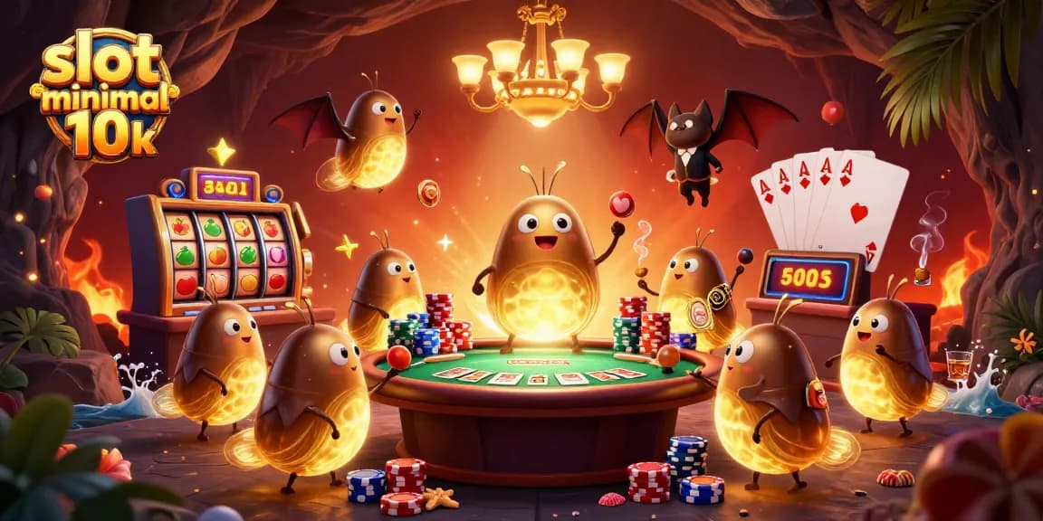 Menggambar slot minimal depo 10k, dengan karakter glowworms menyala di kasino, menciptakan suasana menarik saat bermain slot.