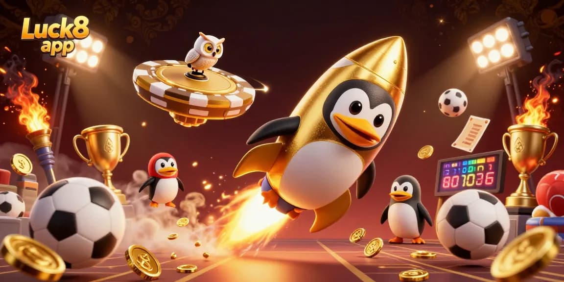 Engage with the excitement of the Luck8 app as a golden penguin rockets to a casino space station.