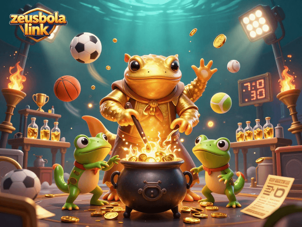 A dynamic scene featuring the zeusbola link with a giant salamander alchemist, sports elements, and gold coins