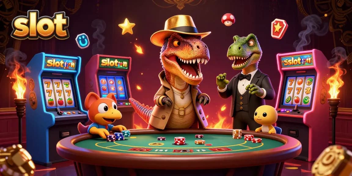 Spin the slot reels with a velociraptor at a blackjack table in this action-packed gambling scene.