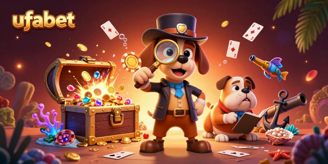 Bet on ufabet with dynamic illustration featuring a bloodhound detective uncovering casino clues along with treasure.
