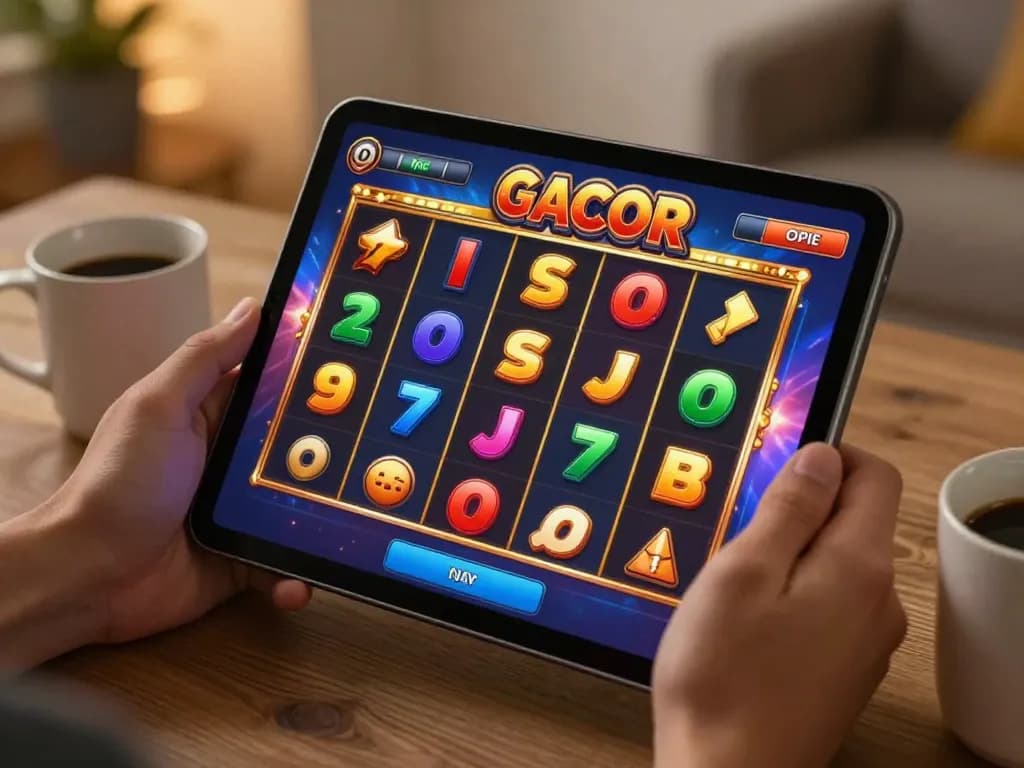 Engaged player enjoying slot gacor on a tablet, showcasing colorful spinning reels in a cozy home setting