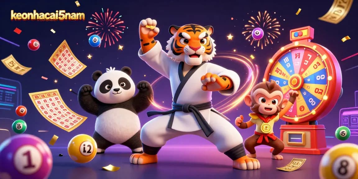 Engage with keonhacai5nam through a vibrant scene of lottery excitement featuring playful characters.