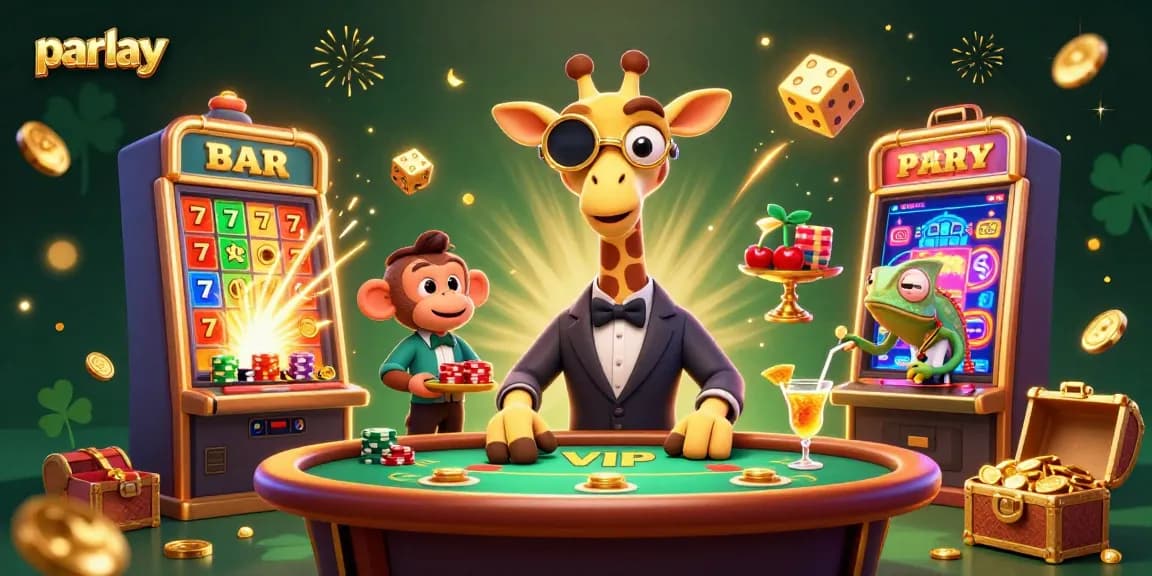 Engage in parlay betting with a lively 3D casino scene of high-roller giraffe and friends.