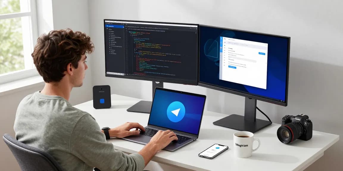 Developer in modern workspace coding Telegram Download app features on dual monitors, showcasing tech innovation.