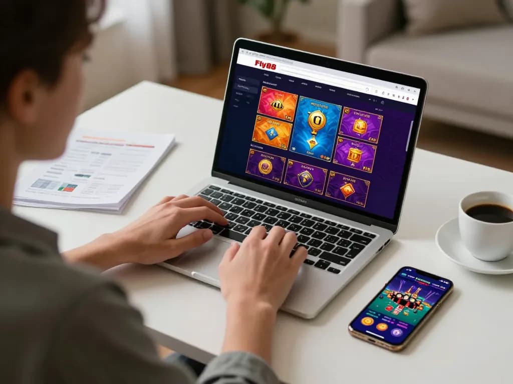 Engaged player using fly88 online casino interface on laptop in a cozy home setting