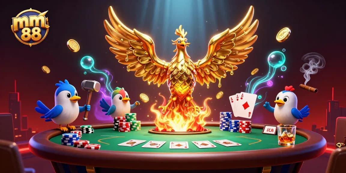 Experience the thrill of mm88 with a spectacular 3D casino scene featuring a molten metal phoenix.