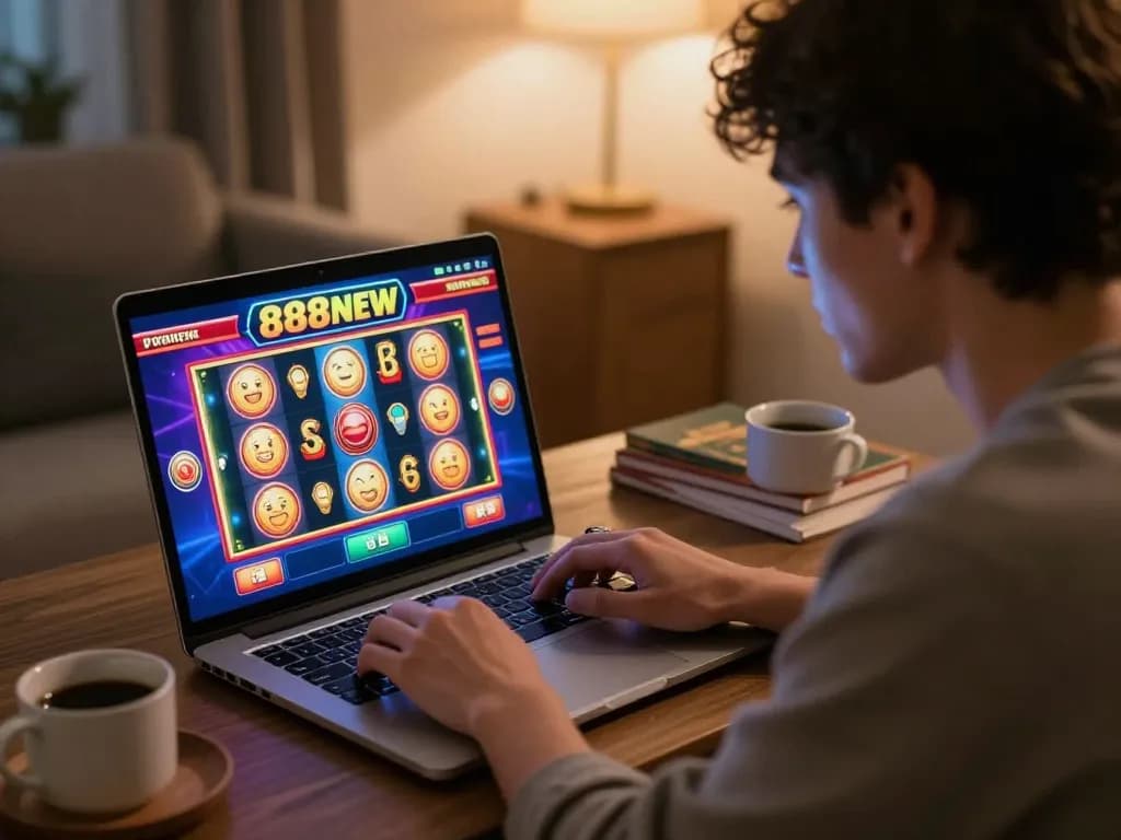 Player utilizing 888NEW online gaming on their laptop, immersed in vibrant slot graphics and cozy home setting.