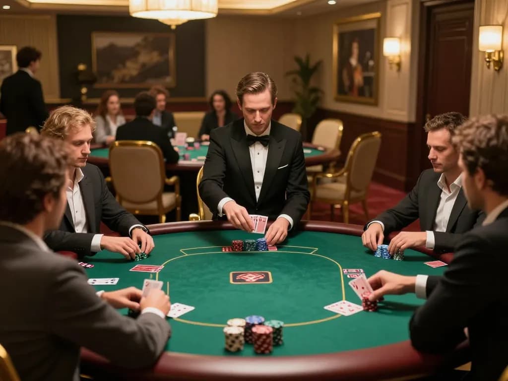 vip99win players engaged in a high-stakes poker game in an upscale private room
