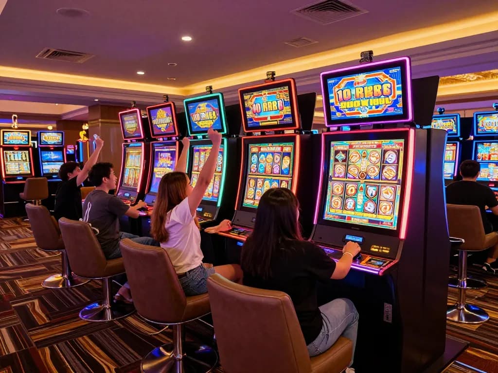 Celebrating jackpot win at vibrant slot machine area during slot 10 ribu gaming session in a luxurious casino