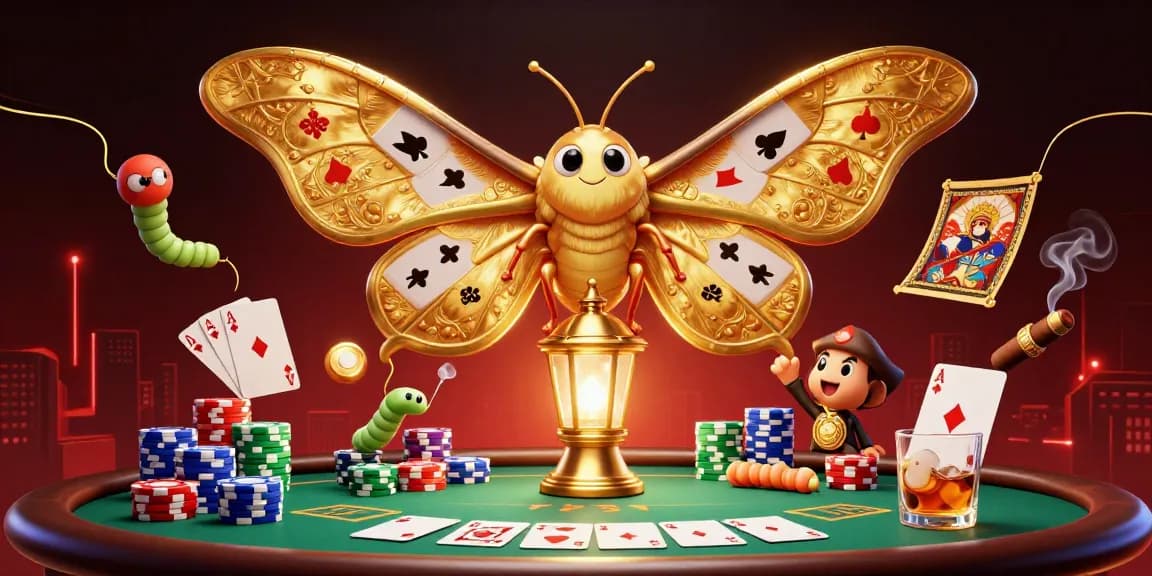 Experience the thrill of bandar bola with golden-winged moth and casino elements in a vibrant illustration.