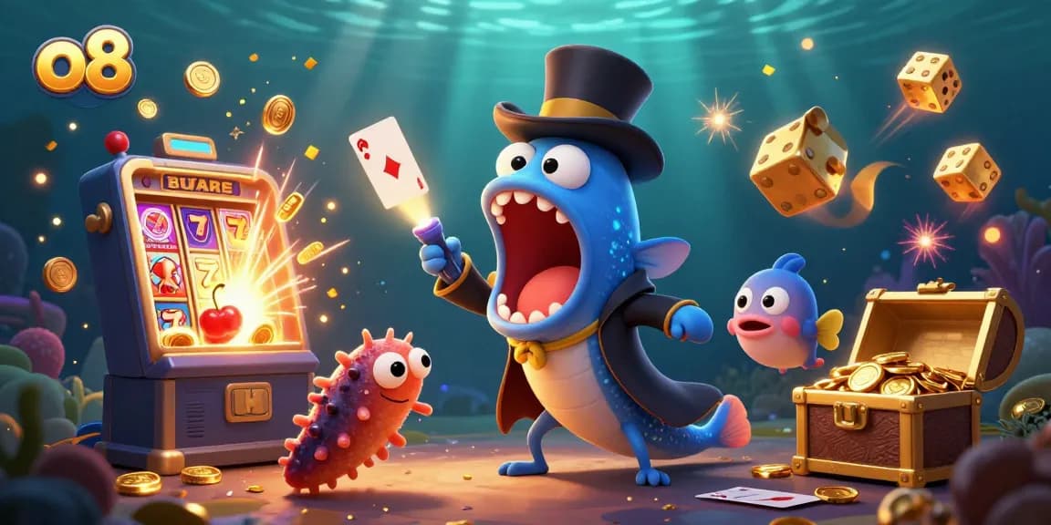 The o8 platform showcases an incredible underwater magic show with a deep-sea gulper eel performing card tricks amidst a swirling jackpot of coins and casino elements.