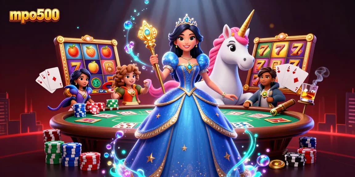 Experience thrilling gameplay with MPO500's dynamic slot and poker scenes featuring vibrant characters and games.