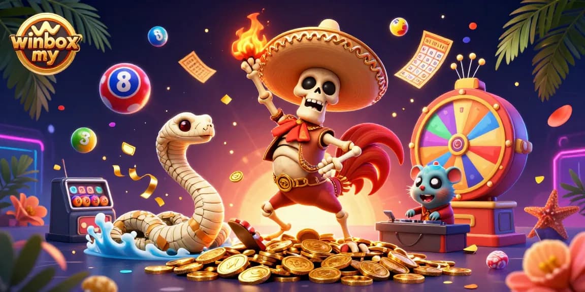 WinboxMY casino action graphic showcasing a celebratory rooster and golden elements amid a vibrant gaming atmosphere.