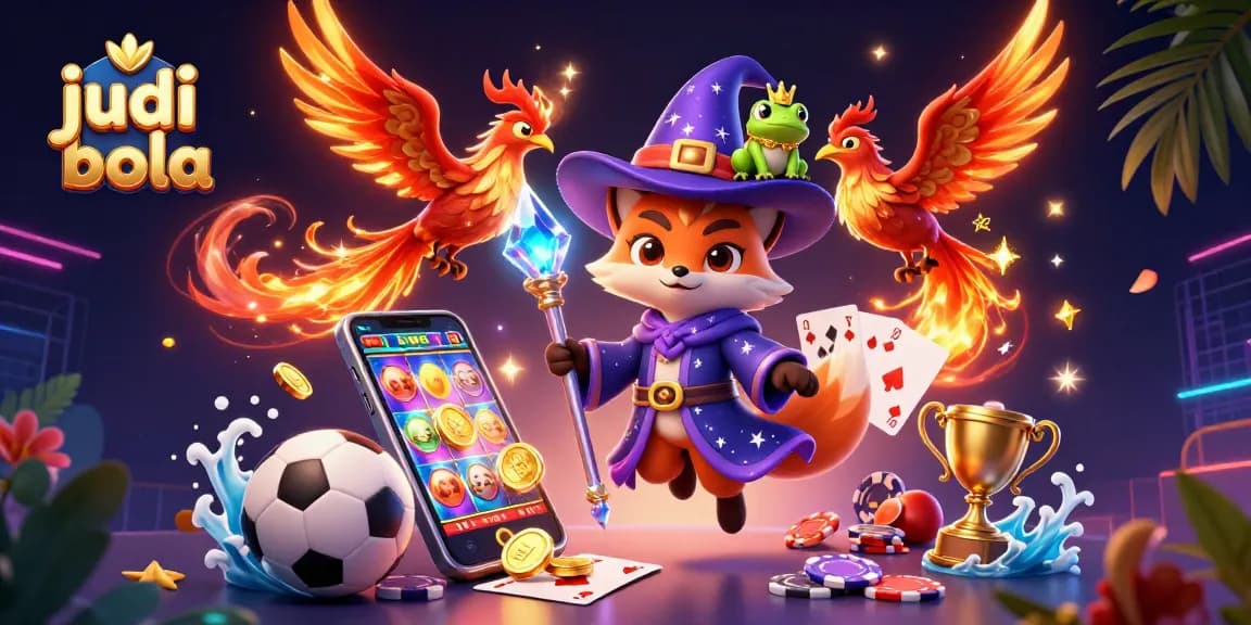 Immerse in judi bola excitement with a wizard, phoenix, and gaming elements in a vibrant 3D scene.