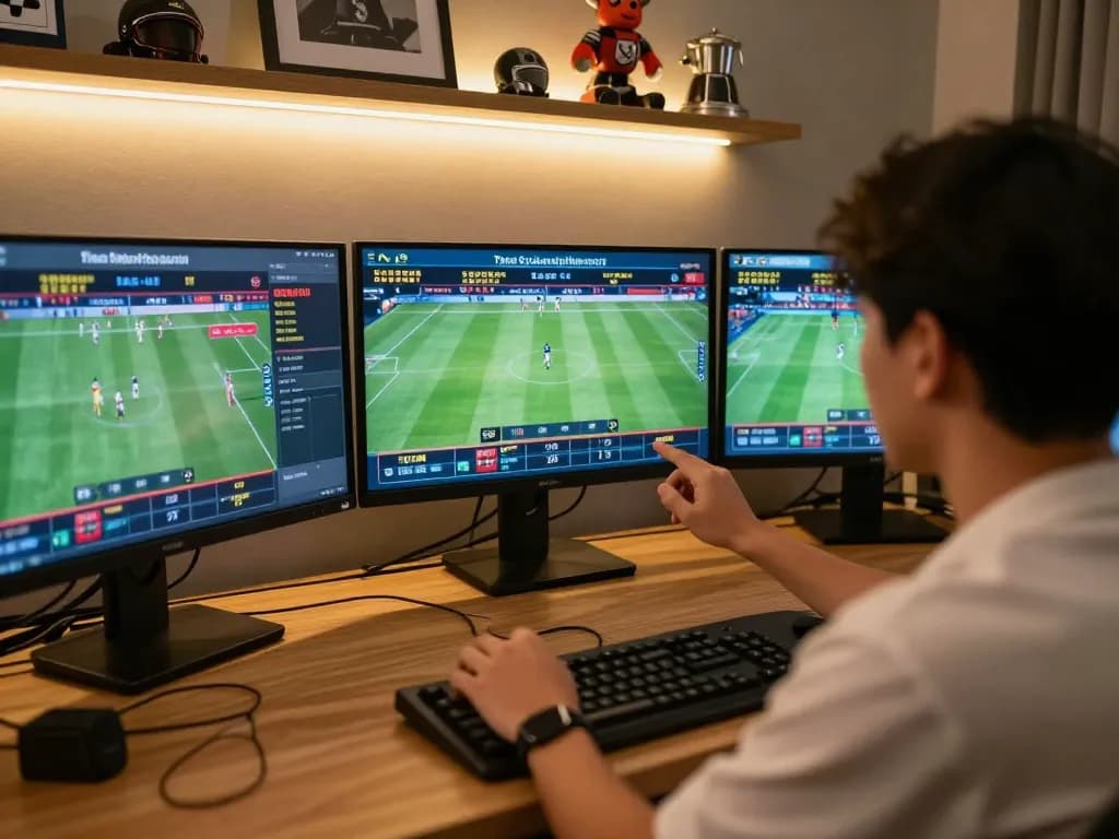Engaged sports bettor using keonhacai strategies on multiple screens for live betting