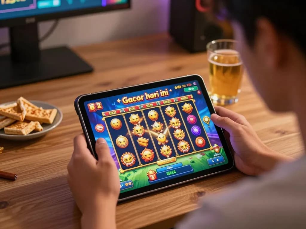 Engaged player experiencing slot gacor hari ini on a tablet in a cozy home setting, showcasing vibrant graphics and exciting gameplay.
