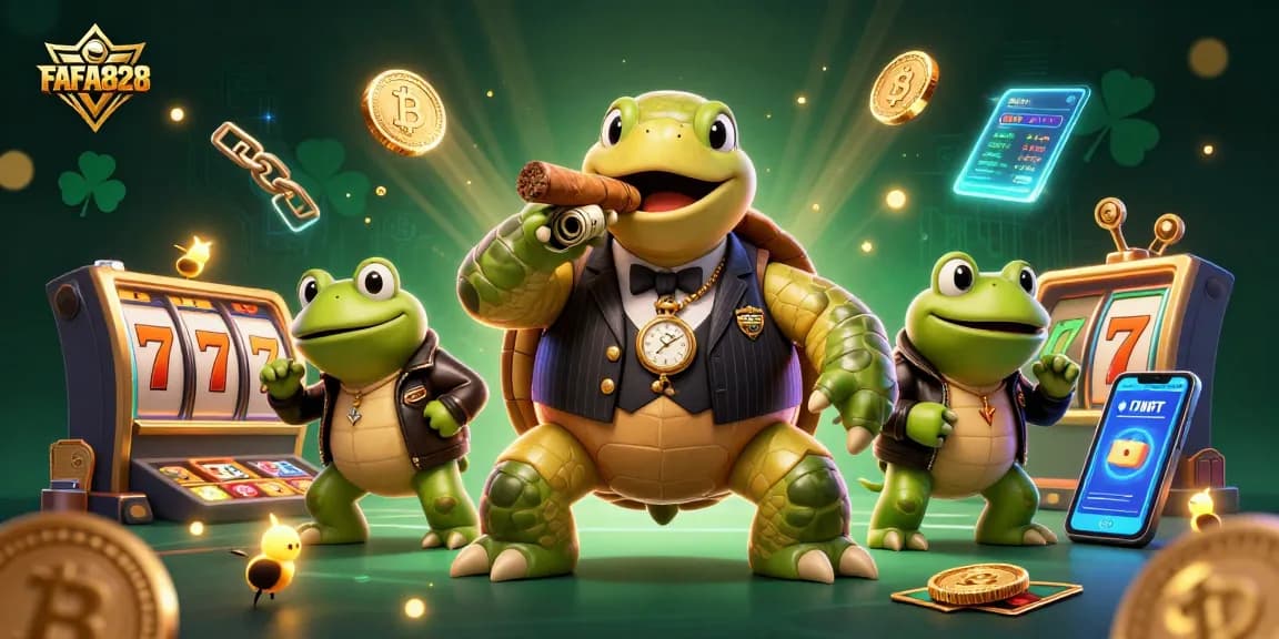 Engage with FAFA828 at an animated casino scene showcasing vibrant slot machines and playful characters.