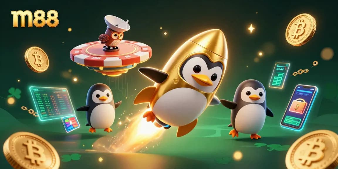 Experience m88's gaming excitement with a golden penguin and casino-themed space adventure.