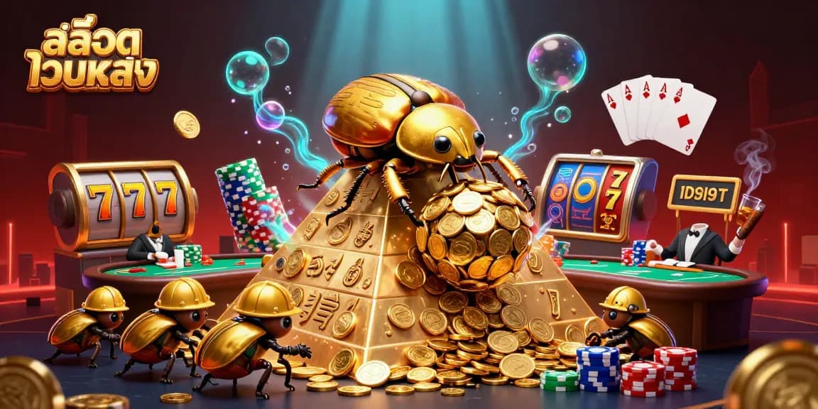 Play engaging สล็อตเว็บตรง with golden beetles managing colossal coin balls in a vibrant casino setting.