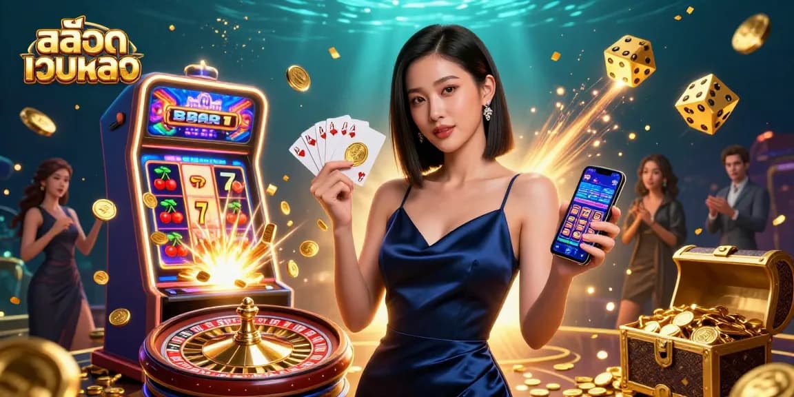 Experience the thrill of สล็อตเว็บตรง with a captivating illustration of a confident Asian woman, jackpot slots, and vibrant casino elements.