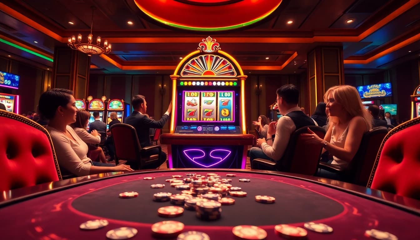 Players enjoying the demo slot pragmatic experience with vibrant slot machines and casino elements.