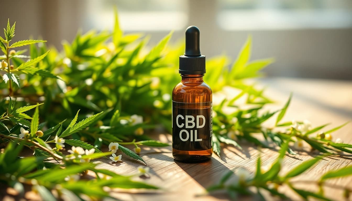 Highlighting the benefits of CBD Oil with a detailed bottle and fresh hemp leaves.