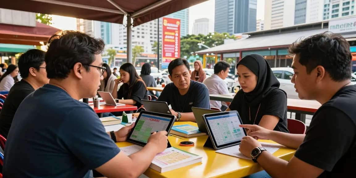 Diskusi seru tentang syair menang di kafe luar ruangan dengan latar belakang kota.