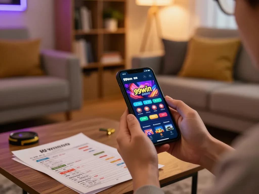 Player using 99win app on smartphone for strategic gambling in a cozy home setting.