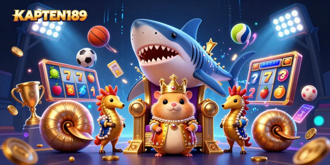 KAPTEN189 menampilkan raja hamster emas di takhta gigi megalodon dengan elemen slot dan bola olahraga di sekelilingnya.