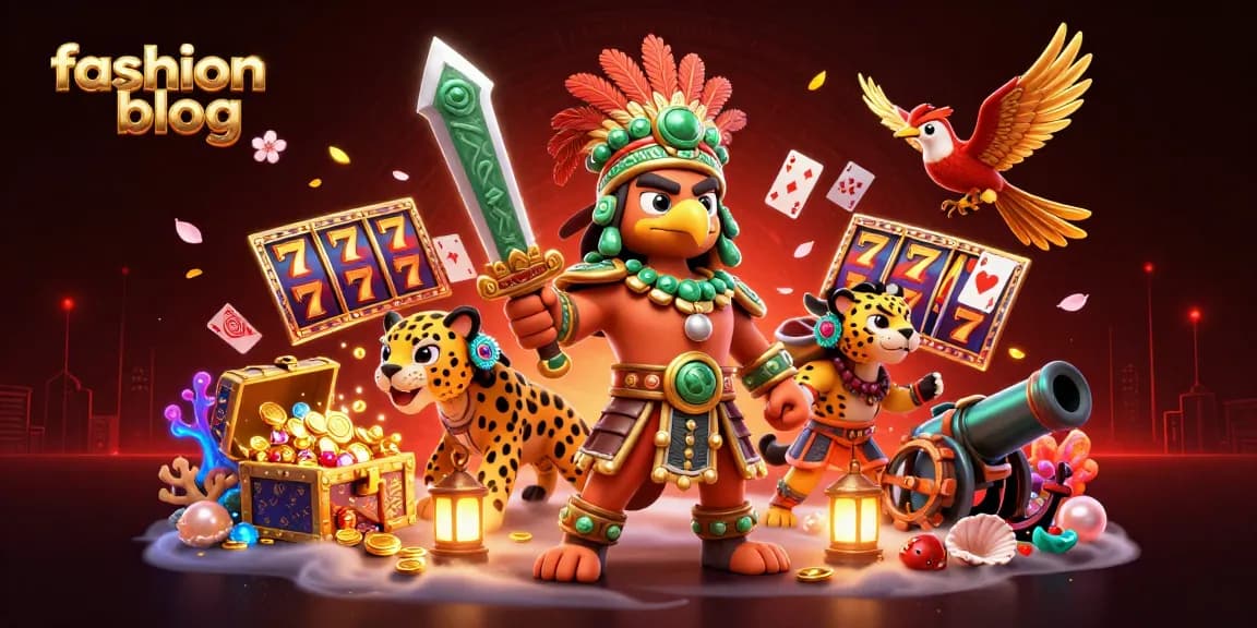 Engage with our fashion blog showcasing a dynamic 3D casino scene featuring slot machines and Aztec warriors.