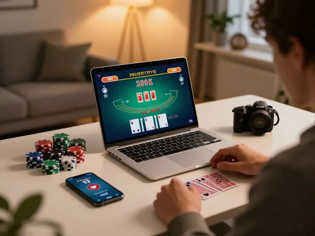 Engaging online gaming setup featuring nhà cái s8 laptop interface with blackjack gameplay in a modern home office.
