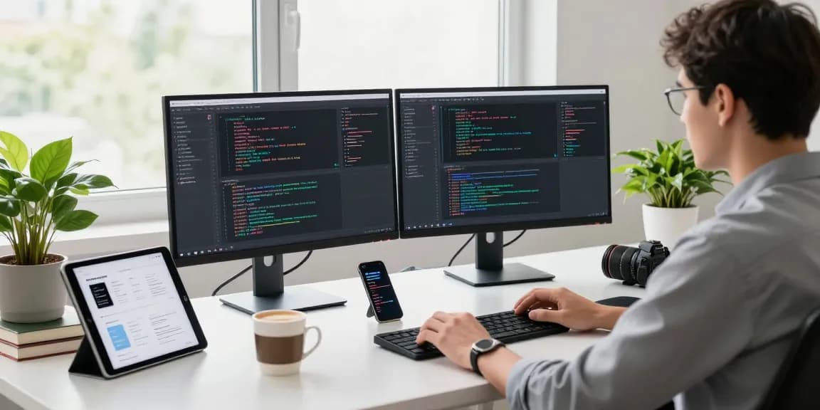 Explore telegram中文版下载 in a modern tech workspace with a developer coding on multiple screens, showcasing innovative software development.