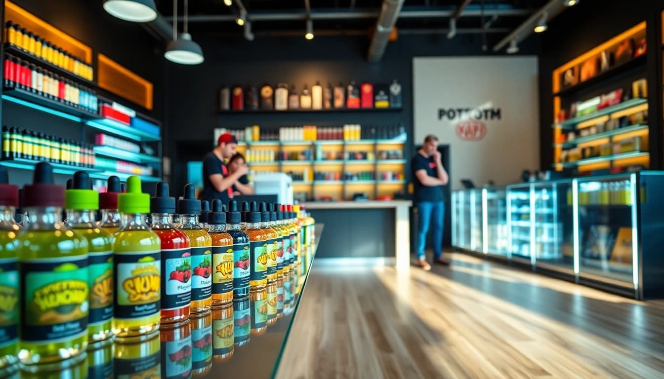 Explore Vape & E-Liquids showcased in a modern vape shop with vibrant bottles