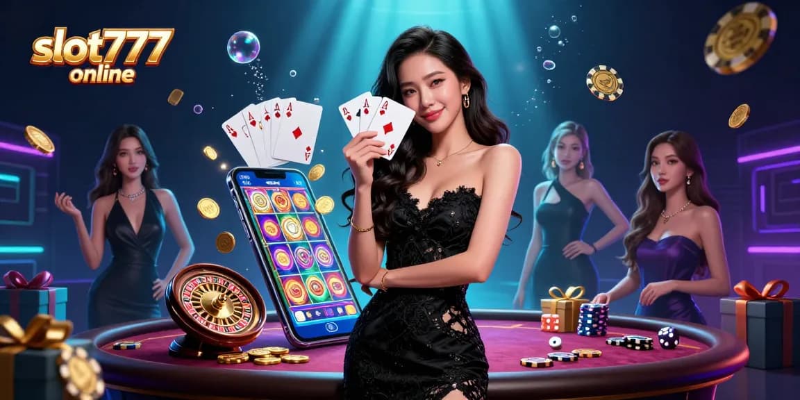 Experience the thrill of slot777 online with a stunning 3D casino scene featuring elegant characters and slot gaming elements.