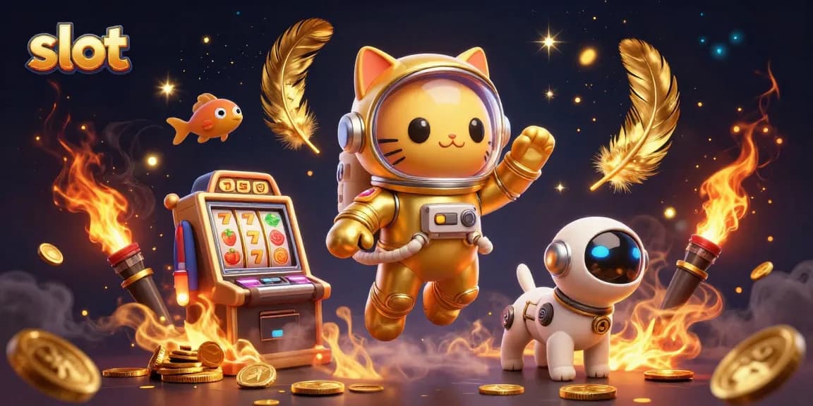 Spin for a slot jackpot with an astronaut cat and robot dog in a vibrant casino scene.