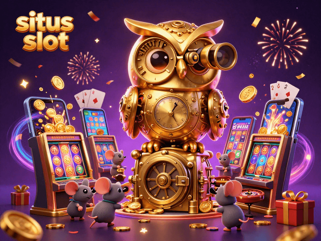Engage with situs slot through a colorful and dynamic casino scene featuring an owl and playful mice.