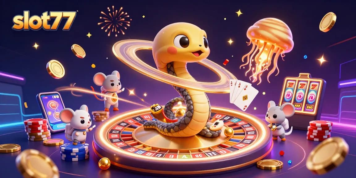 Spin with slot77 in this vibrant cosmic casino illustration featuring whimsical characters.