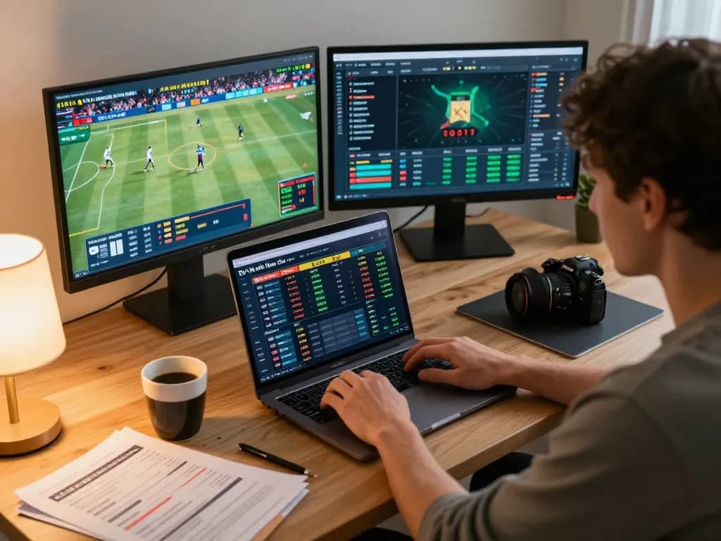The person analyzing tỷ lệ kèo nhà cái during online sports betting, showcasing live odds on the screen.