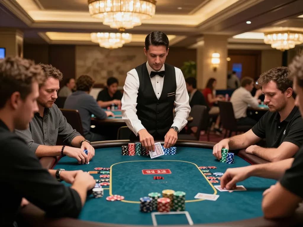 Players engage in a thrilling poker match at 789 casino table with colorful chips stacked high.