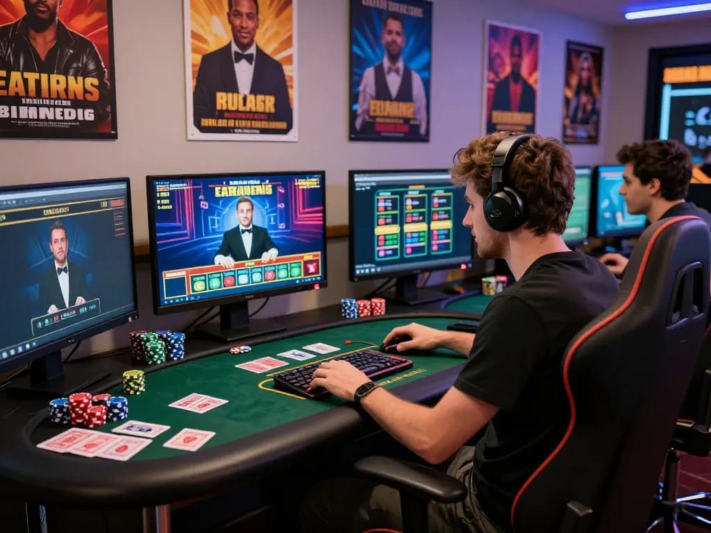 Exciting online gaming setup with player engaged on 8kbet.com live casino, showcasing vibrant atmosphere and gaming elements.