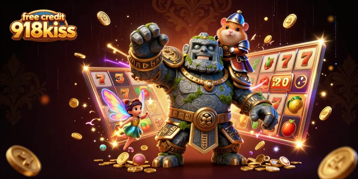Spin and win with free credit 918kiss, featuring a stone guardian and enchanted fairy in a vibrant casino scene.