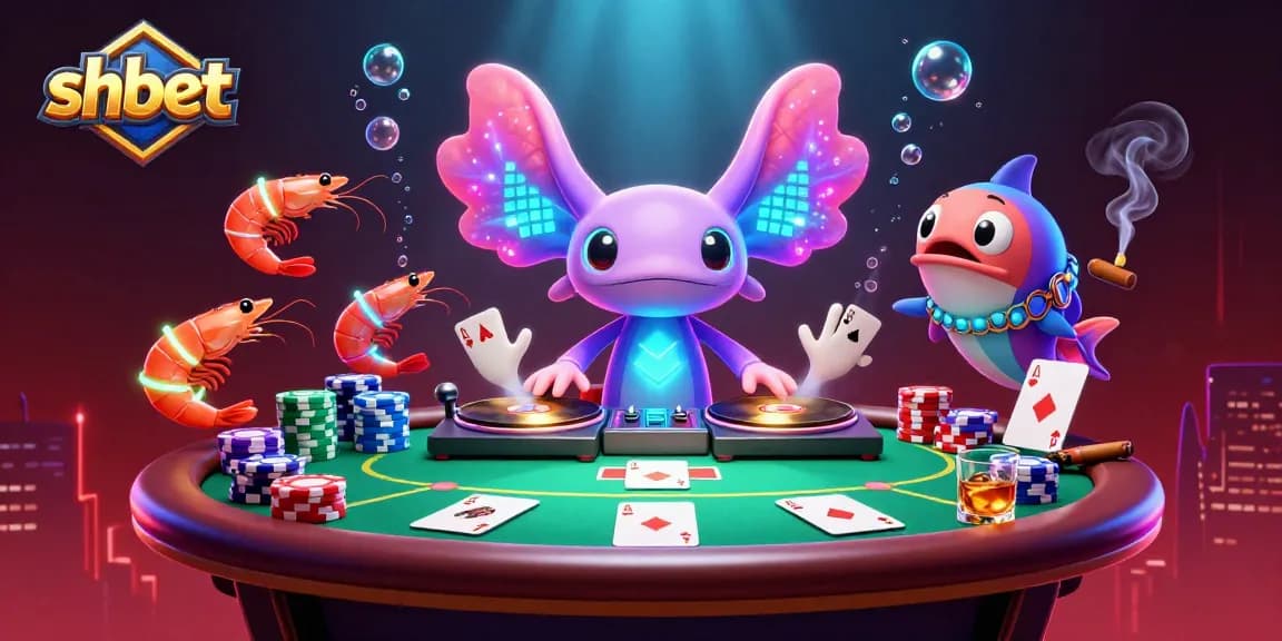 Experience shbet's vibrant casino scene with an engaging axolotl DJ and poker action.