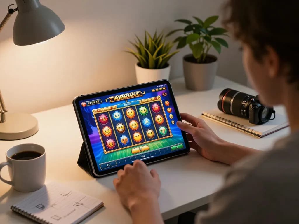 Enjoying a thrilling slot game on a tablet in a cozy home setting.